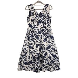 Magaschoni Floral Linen Blend White Navy Blue Sleeveless Midi Dress Size 8